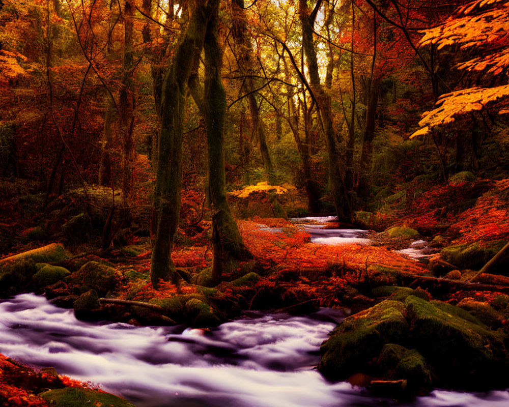 Tranquil Autumn Forest Scene with River and Colorful Foliage