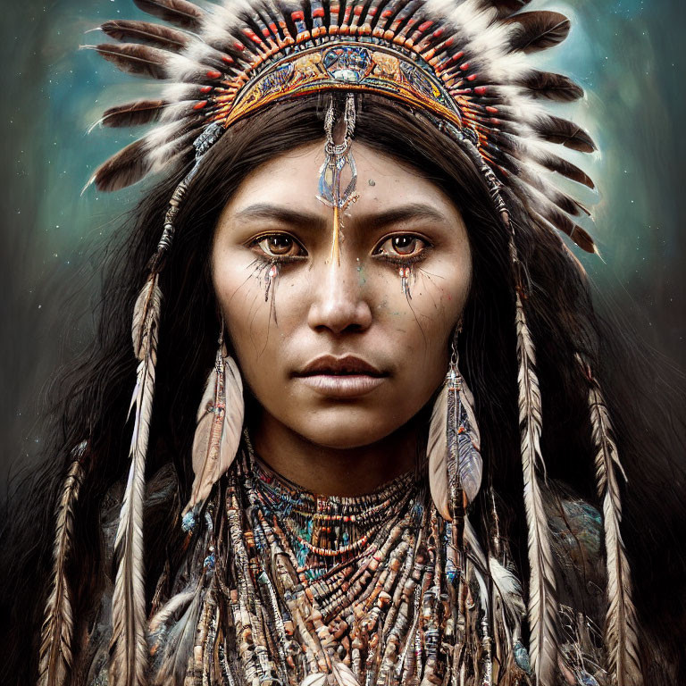 Person wearing feathered headdress, tribal makeup, and jewelry exudes serene strength