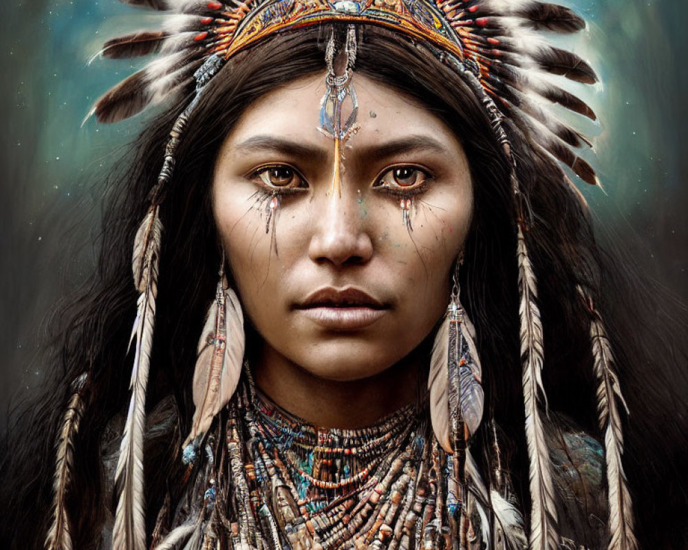 Person wearing feathered headdress, tribal makeup, and jewelry exudes serene strength