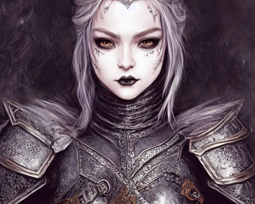 Illustrated female character in silver armor with fox-like helmet