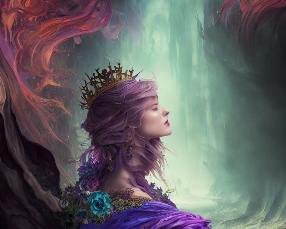 Regal woman in purple attire with crown, surrounded by vibrant colors and flora