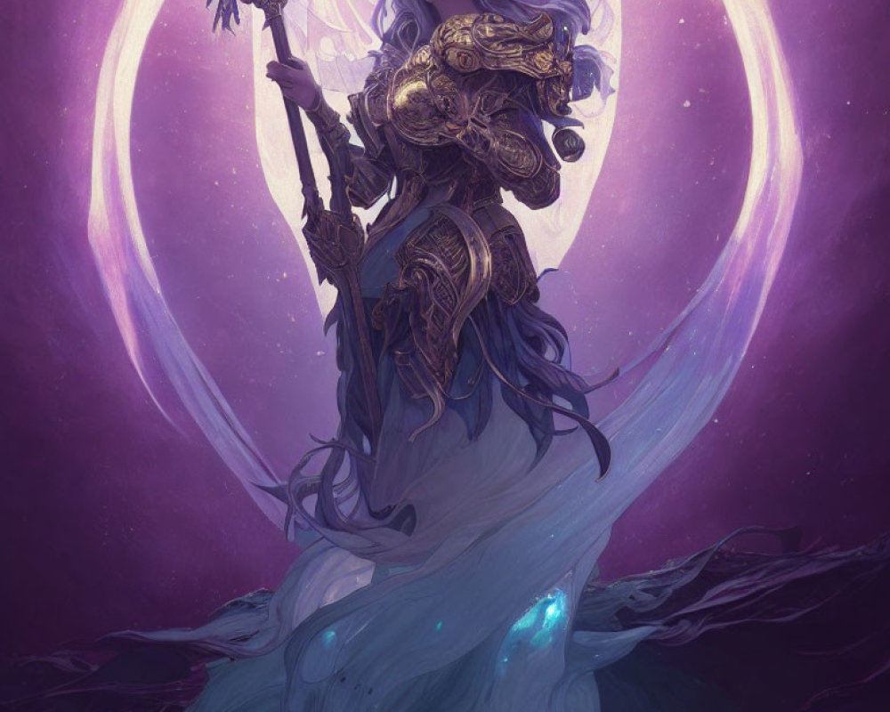 Armored female figure with staff in mystical purple aura
