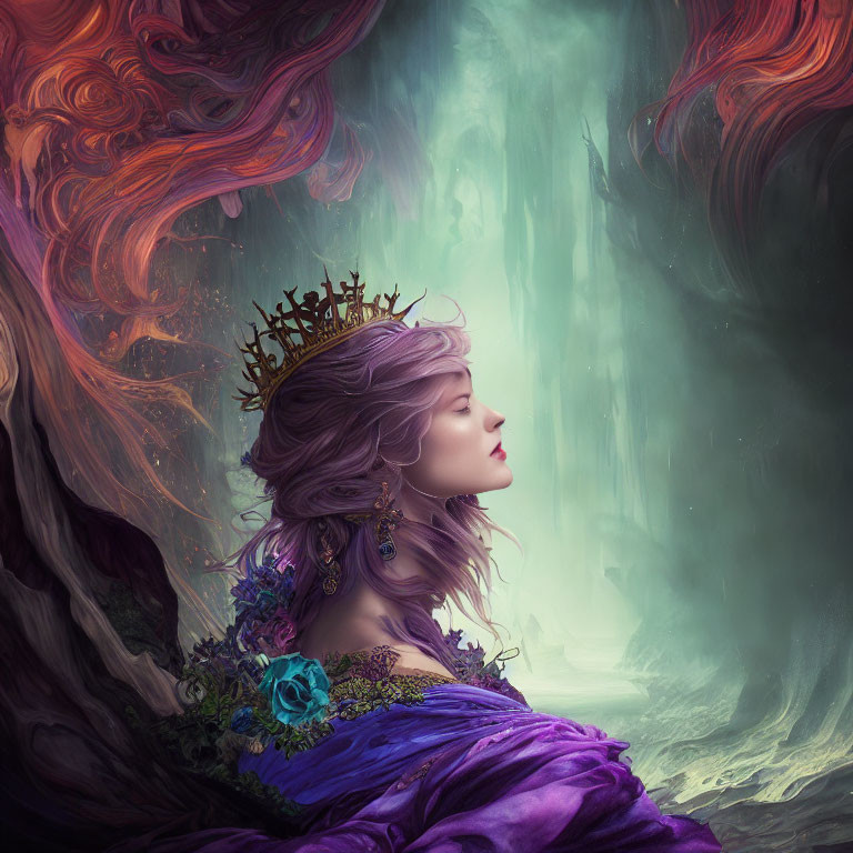 Regal woman in purple attire with crown, surrounded by vibrant colors and flora