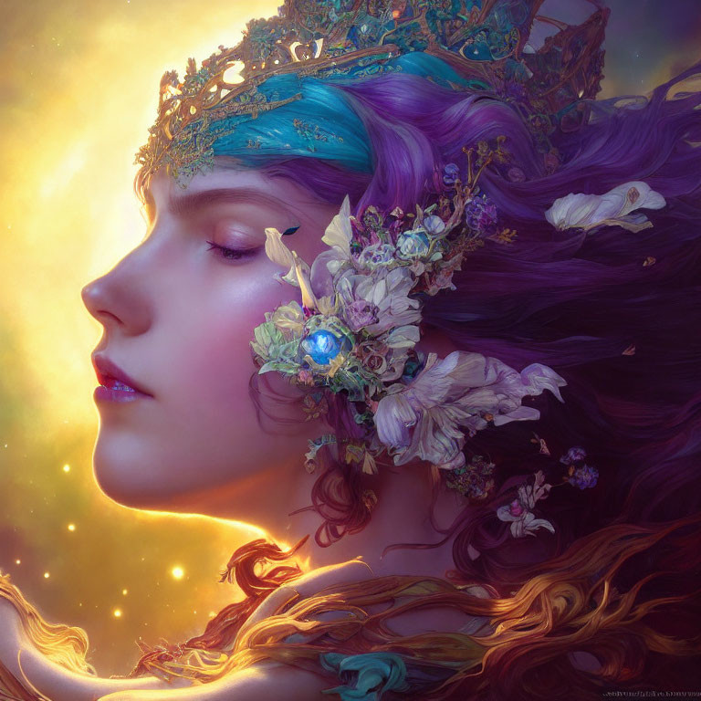 Profile portrait of woman with purple hair, crown, and flowers against warm backdrop