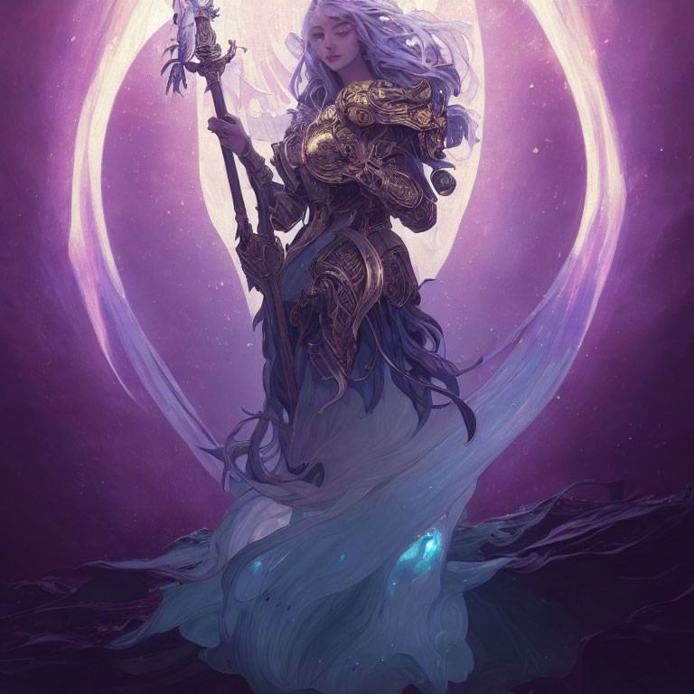 Armored female figure with staff in mystical purple aura