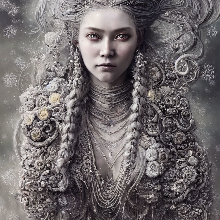 Portrait of woman with silver hair, braids, jewelry, and snowflakes