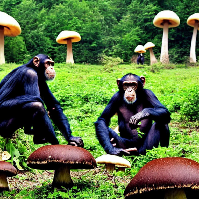 Chimpanzees Among Oversized Mushrooms in Green Environment