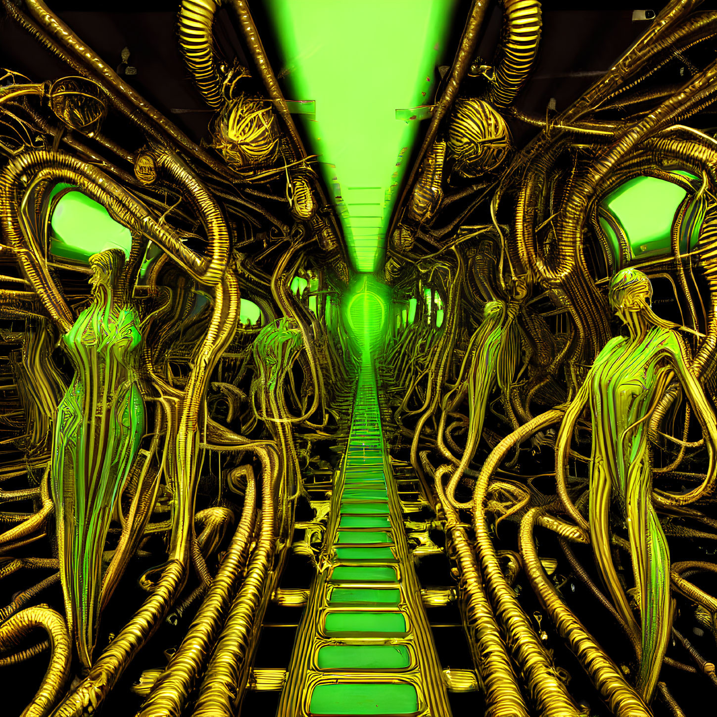 Futuristic green corridor with biomechanical walls and humanoid figures integrated