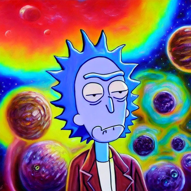Colorful Cartoon Character with Spiky Blue Hair in Lab Coat on Surreal Planets