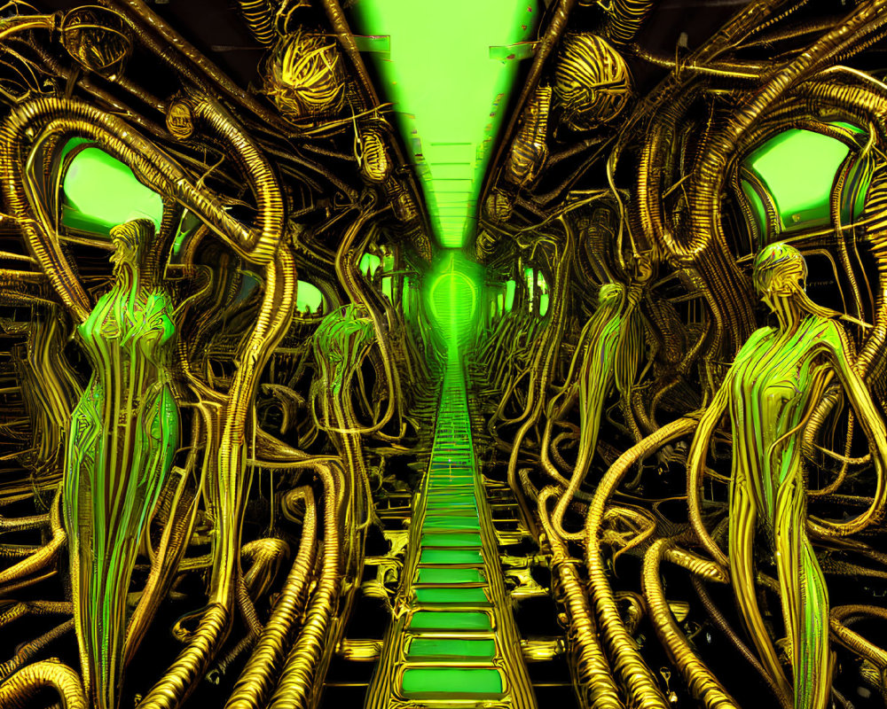 Futuristic green corridor with biomechanical walls and humanoid figures integrated