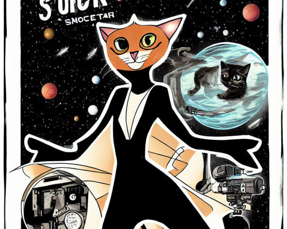 Illustration of humanoid figure with cat head in space holding cat and blaster