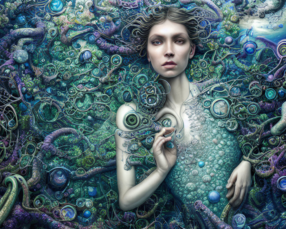 Colorful surreal portrait of a woman in marine life tapestry