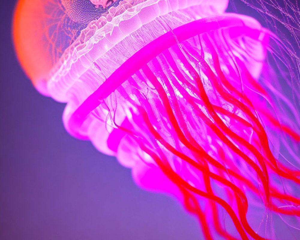 Colorful Neon Pink and Orange Jellyfish on Blurred Purple Background