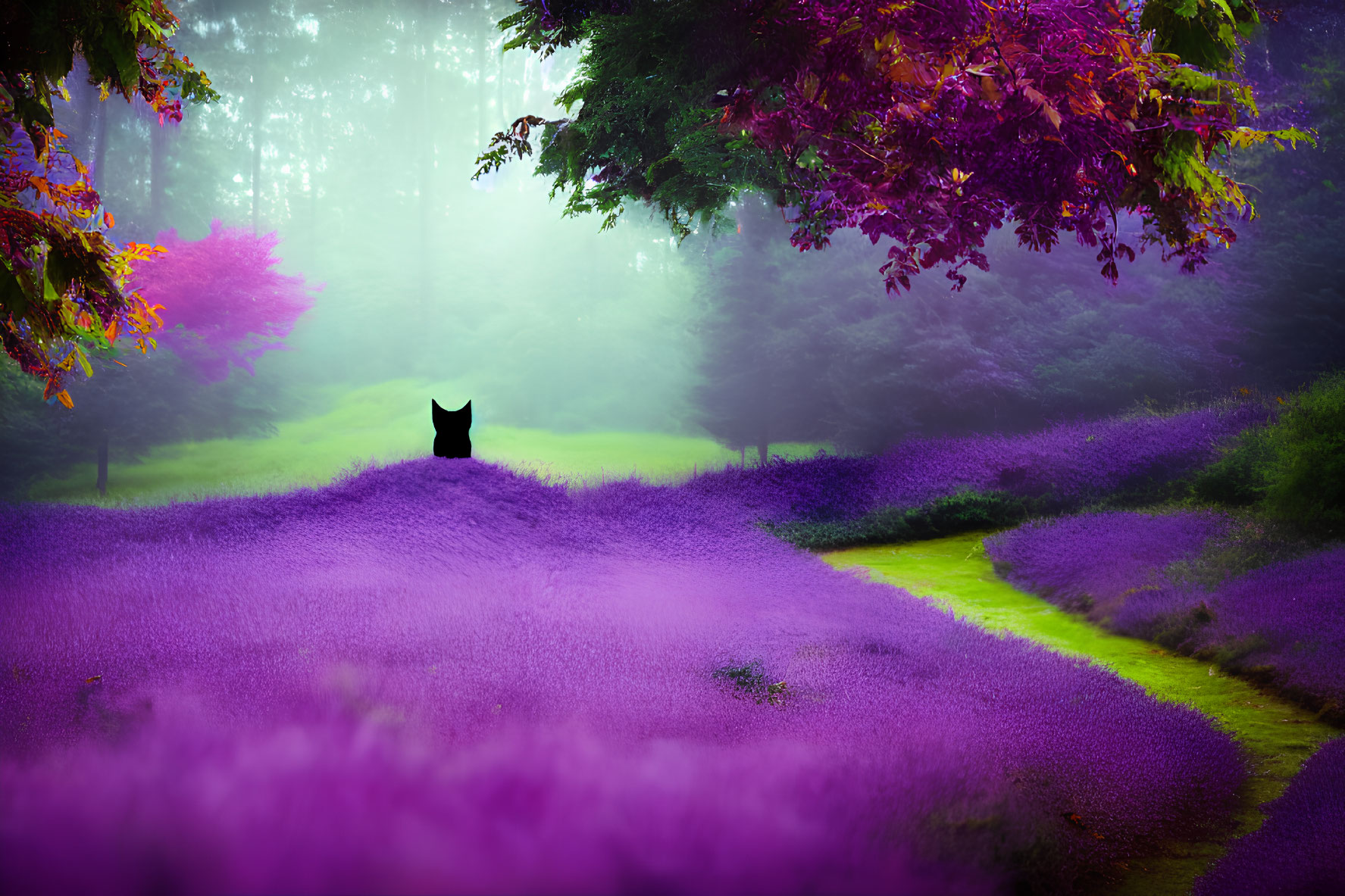 Purple Flower Field with Black Cat in Lush Forest Setting