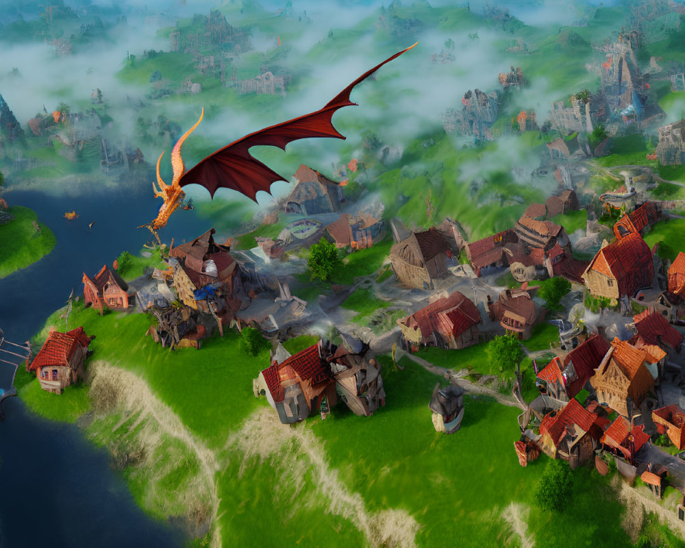 Majestic dragon flying over medieval village with thatched-roof houses