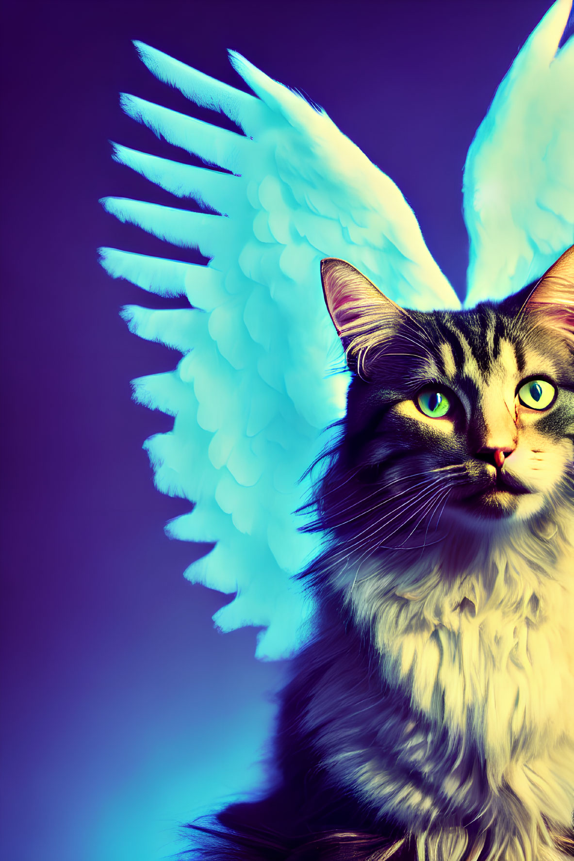 Majestic cat with green eyes and angelic blue wings on purple background