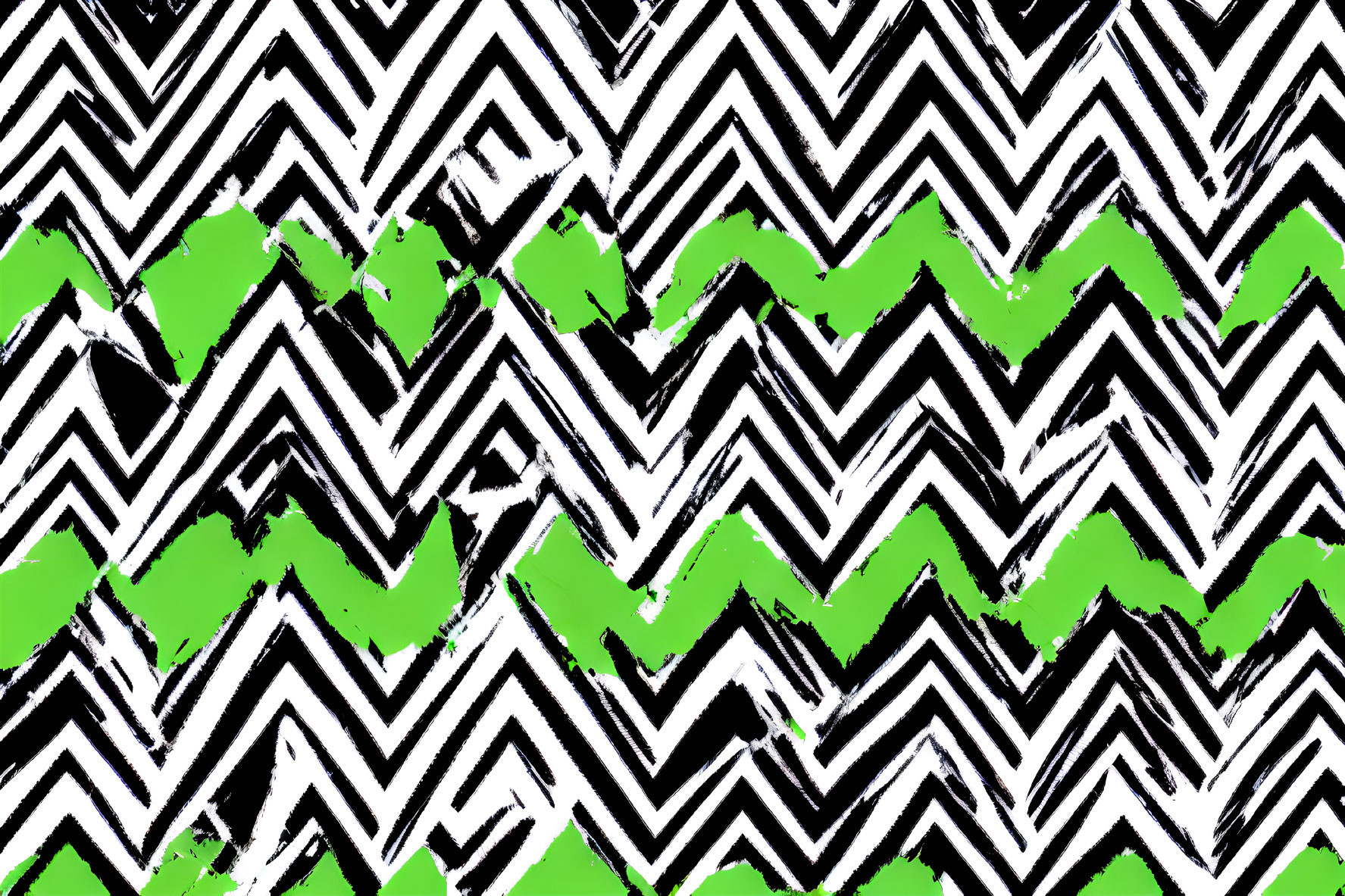 Bold Black and White Chevron Pattern with Bright Green Brushstrokes