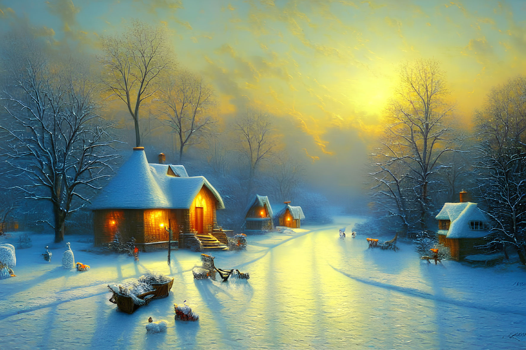 Snow-covered cottages in tranquil winter dusk scene