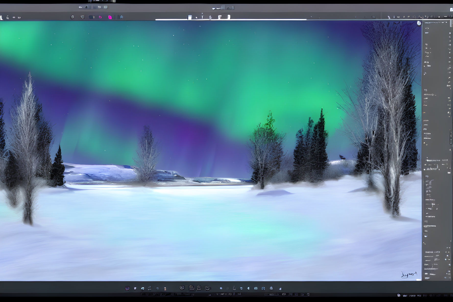 Digital snowy landscape under Northern Lights on computer screen with graphic editing software interface.