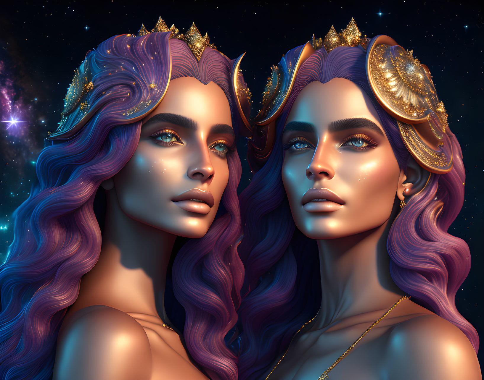 Symmetrical female figures with purple hair and golden crowns on cosmic backdrop