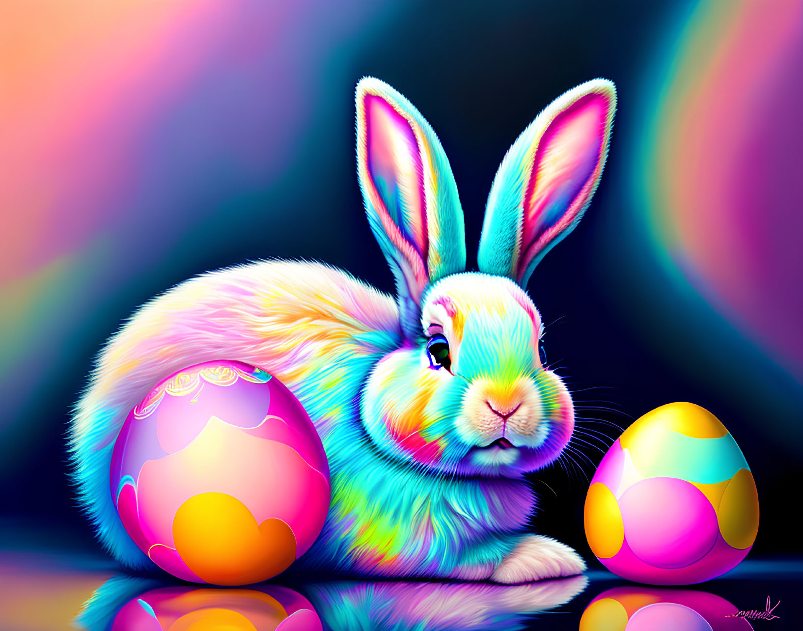 Vibrant neon digital artwork of fluffy rabbit with Easter eggs