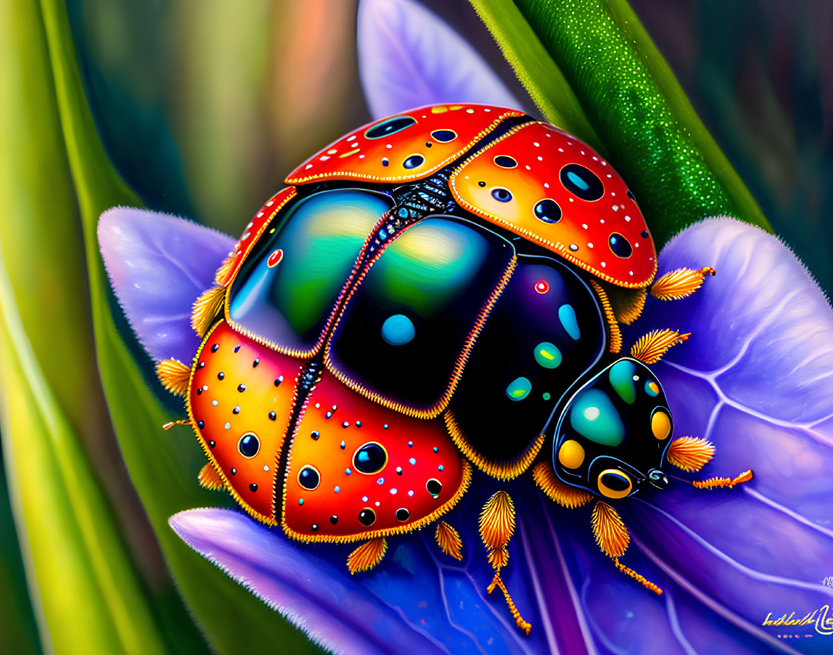 Vibrant Digital Art: Ladybug on Purple Flower with Intricate Patterns