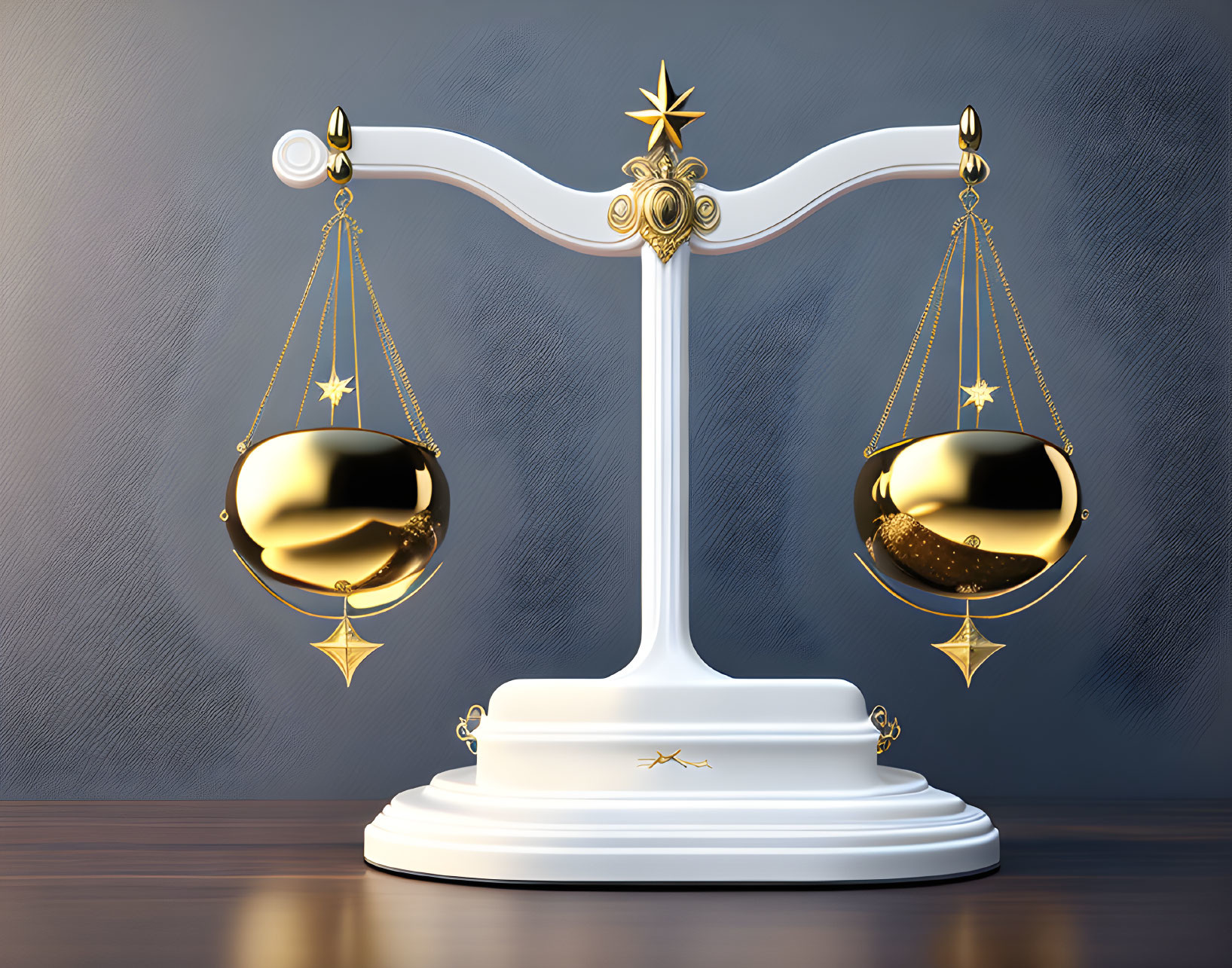 Golden celestial scale symbolizing balance and justice on wooden table against blue background