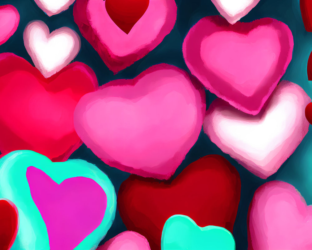 Vibrant Heart Art in Red, Pink, and Teal on Turquoise Background