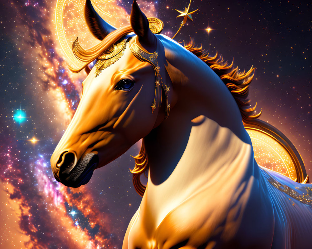 Golden-Horned Horse with Celestial Background and Stardust