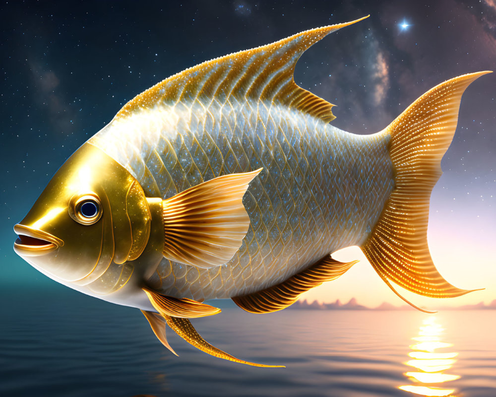 Large Golden Fish in Surreal Sunset Ocean Scene