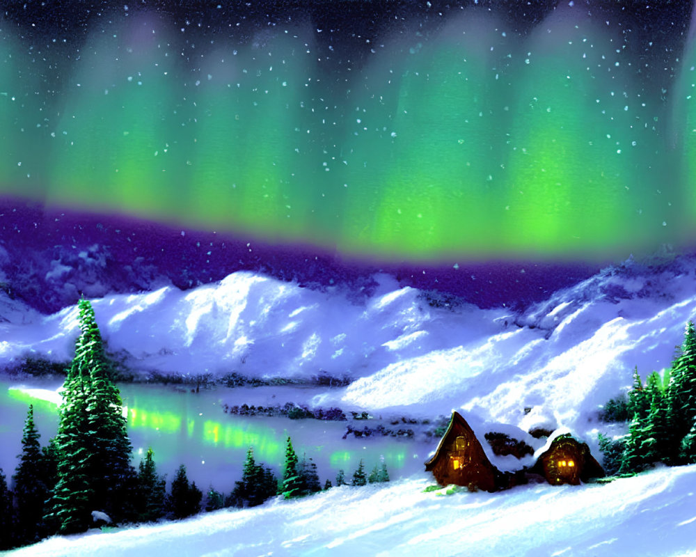 Snowy Winter Night Scene with Cozy Cabins, Pine Trees, Lake, & Northern Lights