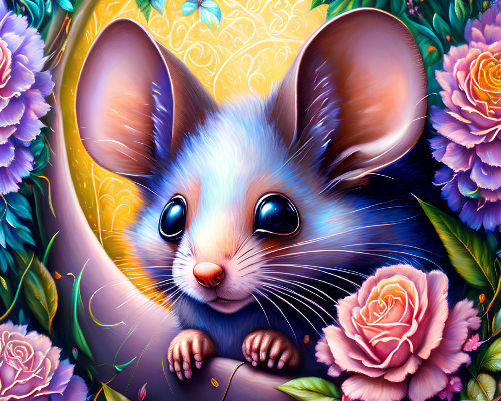 Vibrant illustration of cute mouse with blue eyes in floral setting