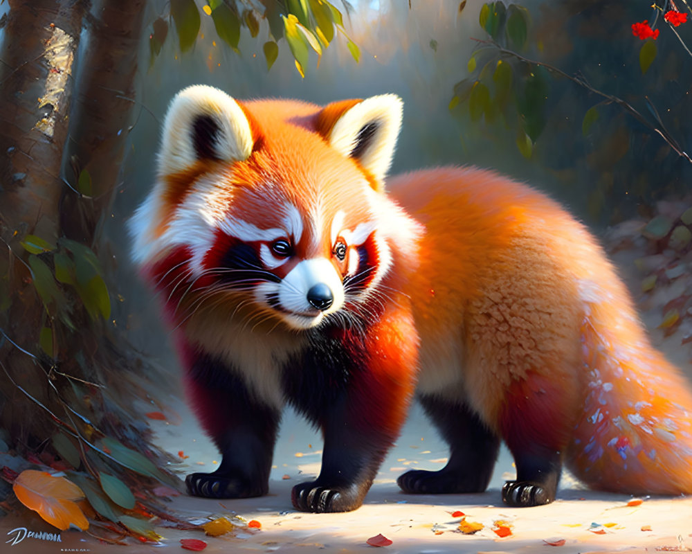 Detailed Red Panda Illustration in Sunlit Forest