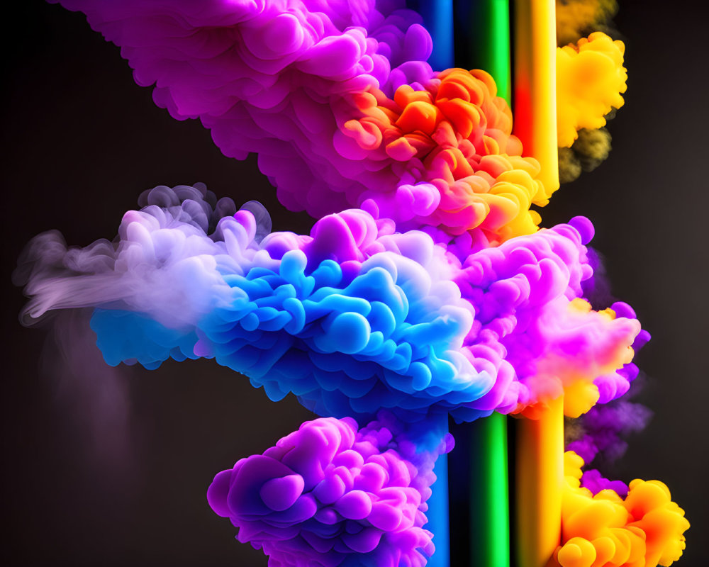 Colorful Ink Clouds Diffusing in Water on Black Background