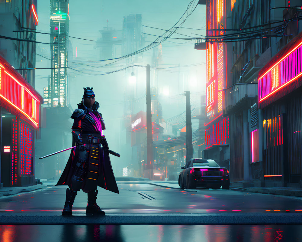 Futuristic samurai in neon-lit cityscape