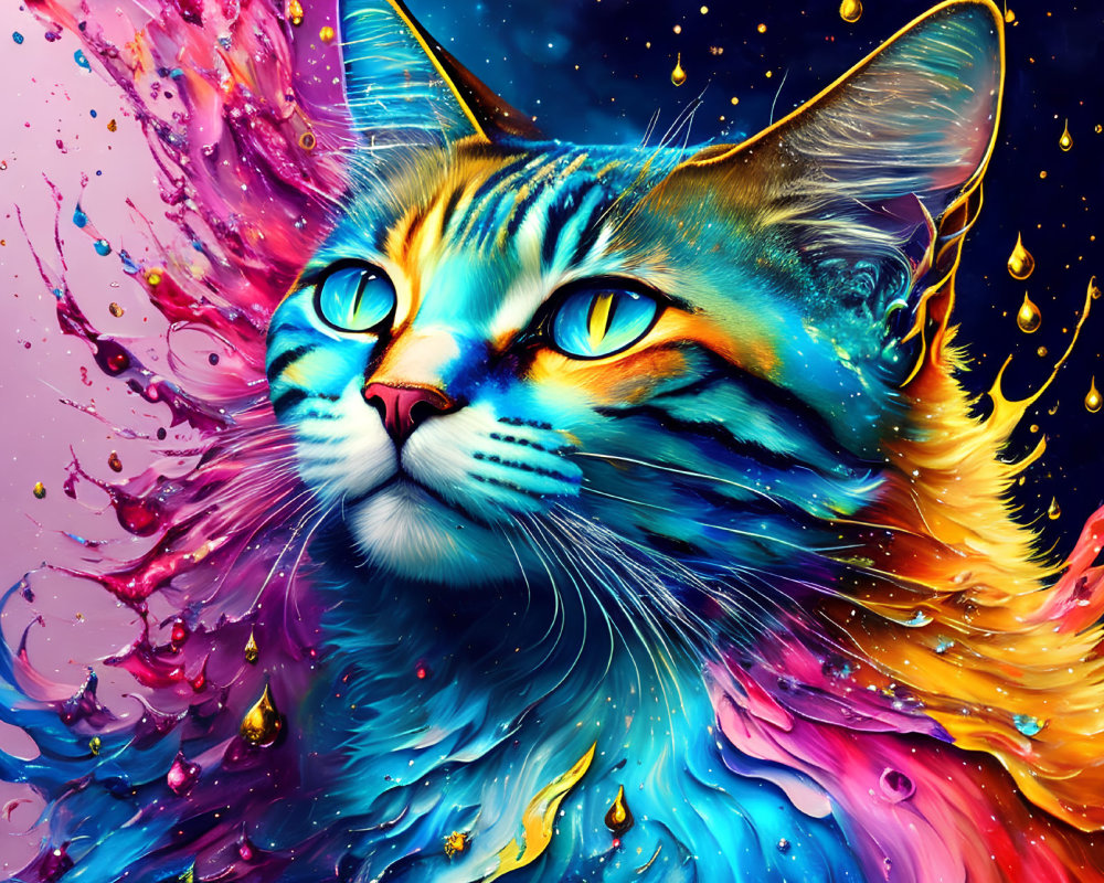 Colorful digital art: Cat with vibrant fur and blue eyes in dynamic paint backdrop