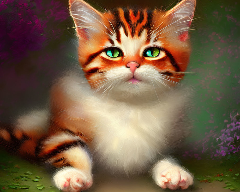 Orange and White Striped Kitten with Green Eyes on Path with Colorful Flowers