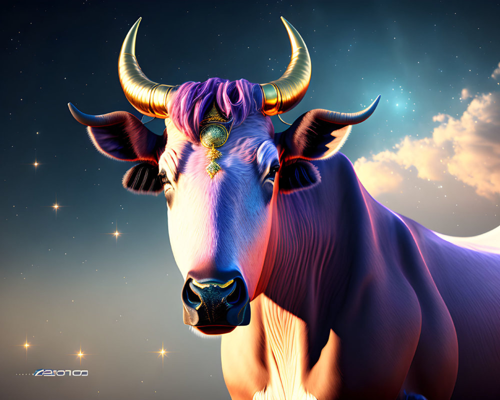 Vibrant digitally rendered bull with golden horns on cosmic background