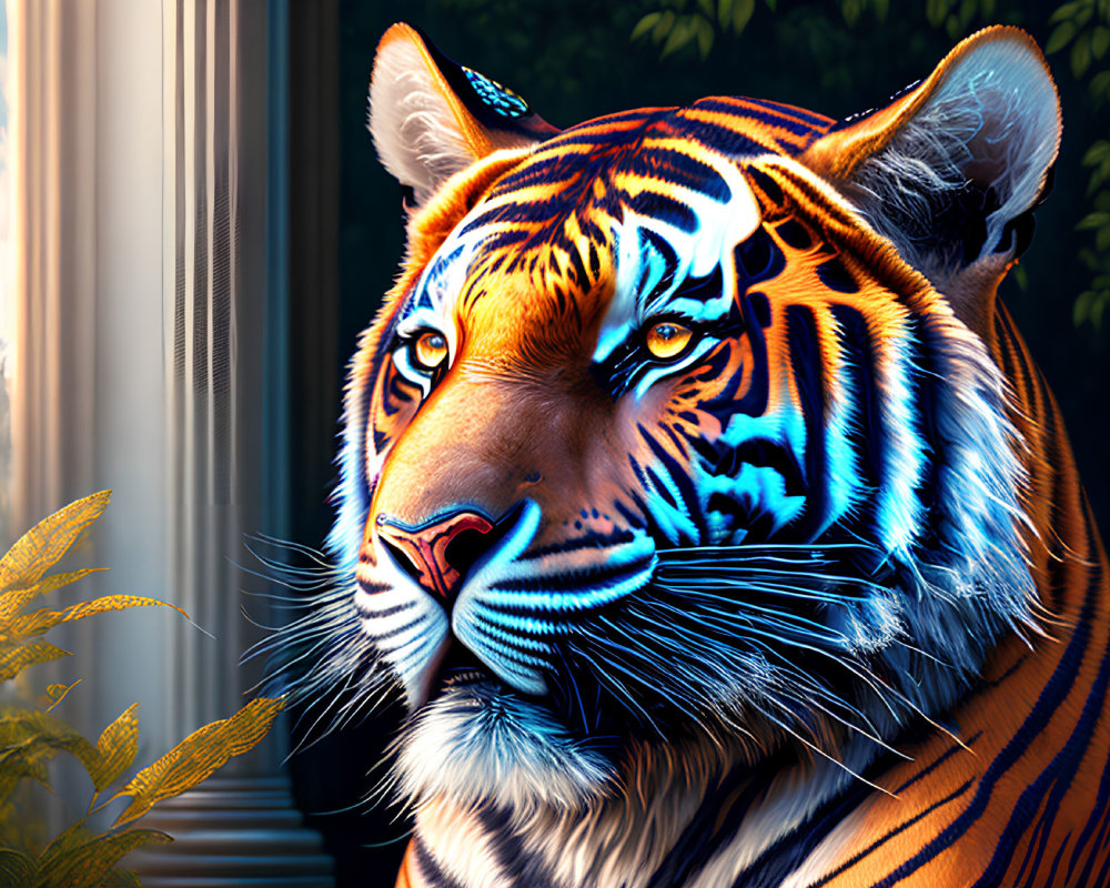 Vivid tiger with blue and orange hues against classical columns