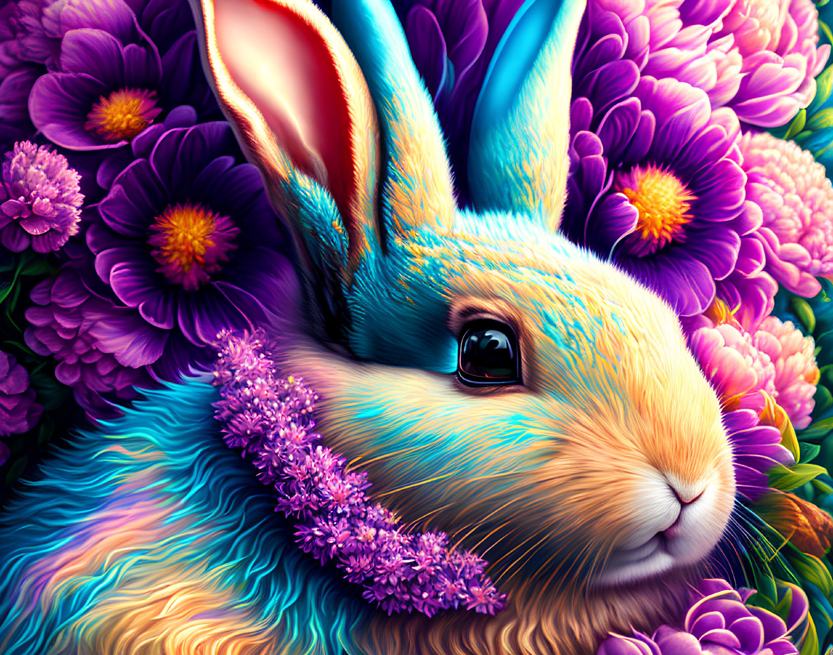 Vibrant Rabbit Illustration Surrounded by Purple Flowers