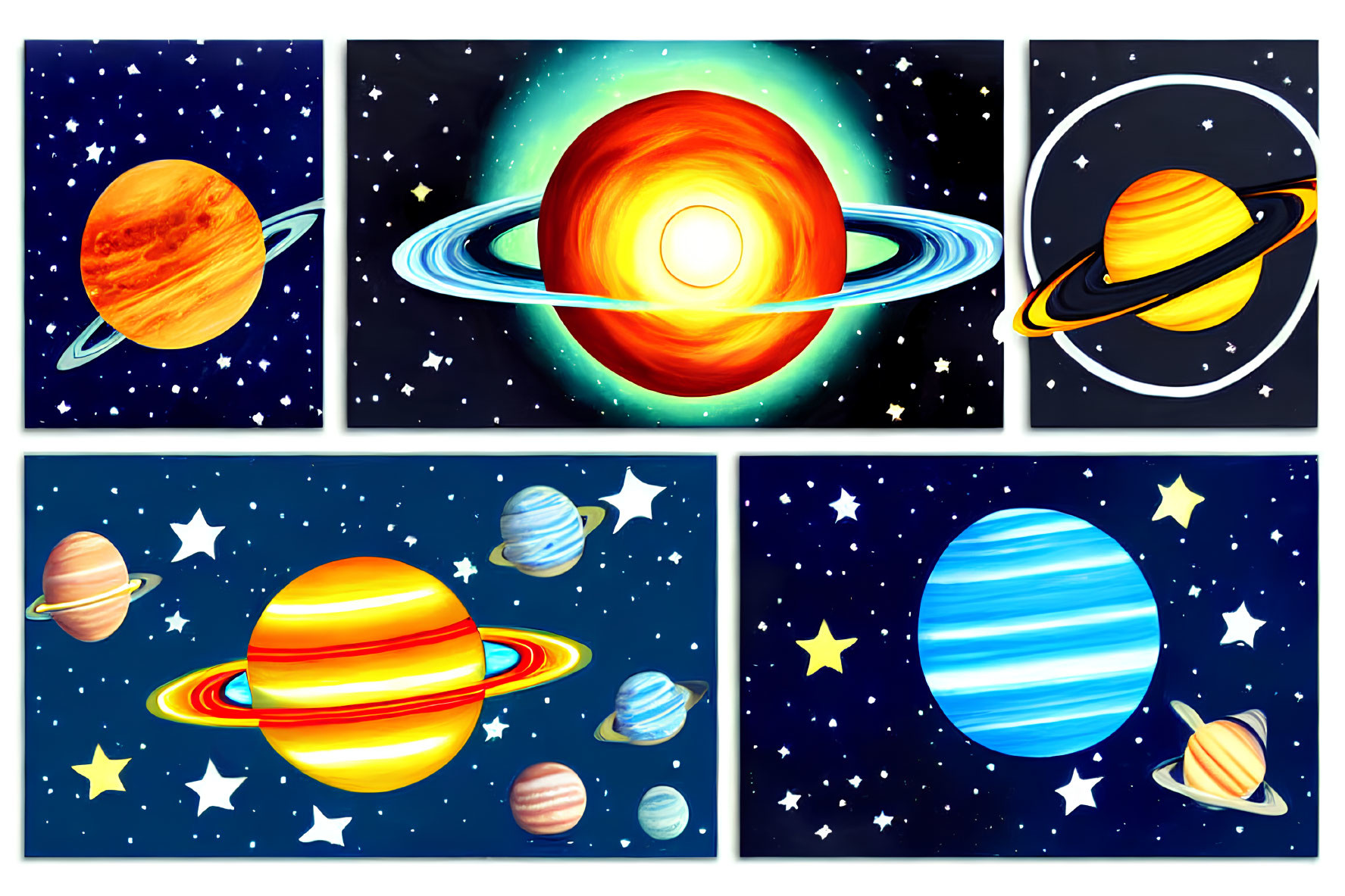 Colorful Planet Illustrations with Rings and Moons in Starry Space Grid