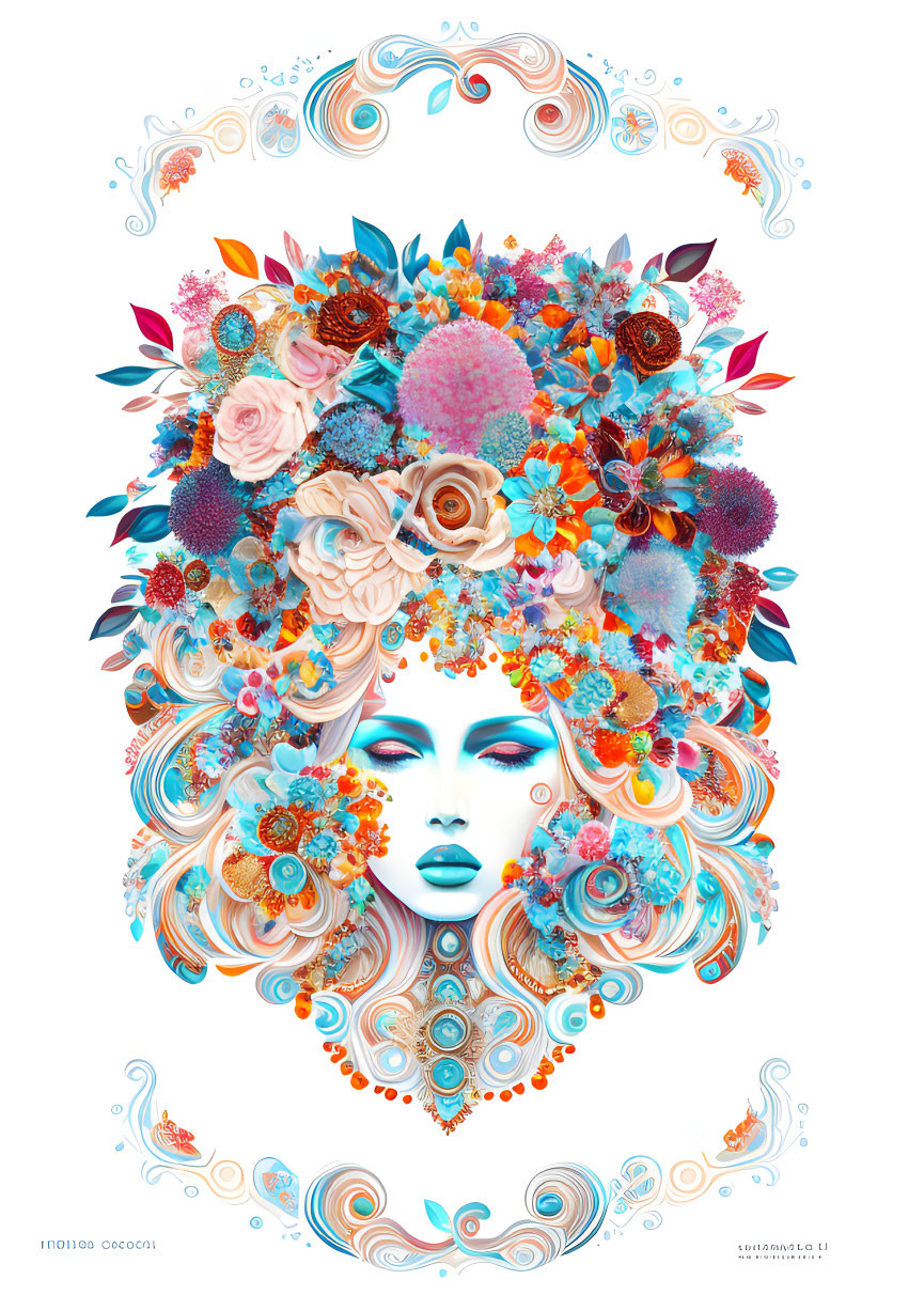 Vibrant digital artwork: Female figure adorned with floral motifs on white background