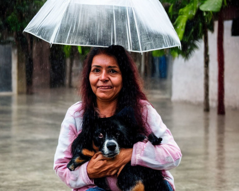 Woman with Dog Smiling Under Transparent Umbrella in Rain