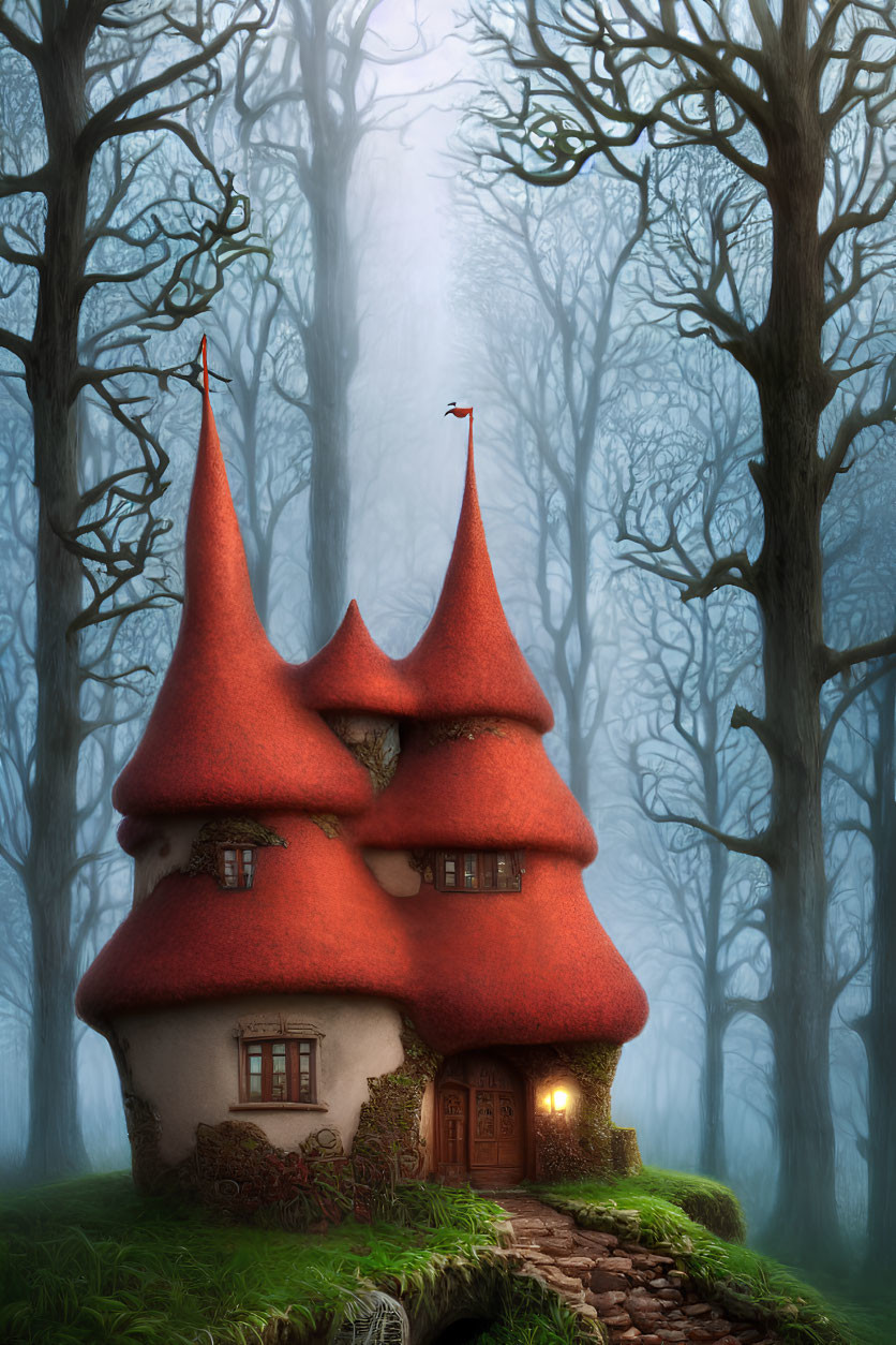 Whimsical cottage with red conical roofs in misty forest with warm glow