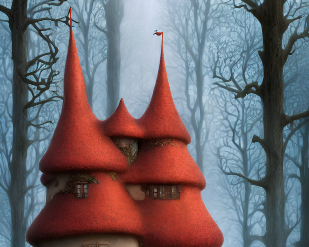 Whimsical cottage with red conical roofs in misty forest with warm glow