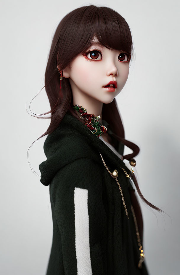 Pale-Skinned Doll with Brown Eyes and Brown Hair in Green Jacket