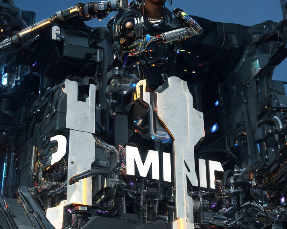 Confident person with dreadlocks in futuristic mech suit in mechanical setting