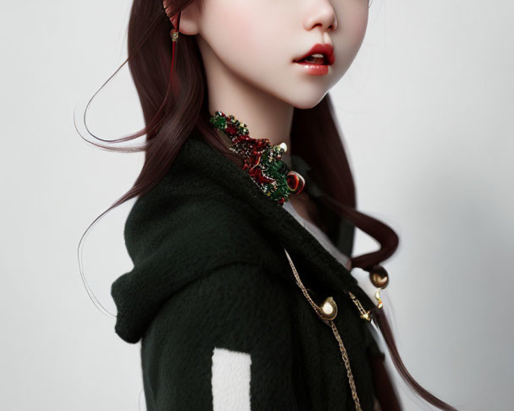 Pale-Skinned Doll with Brown Eyes and Brown Hair in Green Jacket
