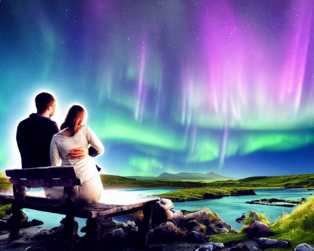 Couple on Bench Under Vibrant Aurora Borealis in Serene Landscape