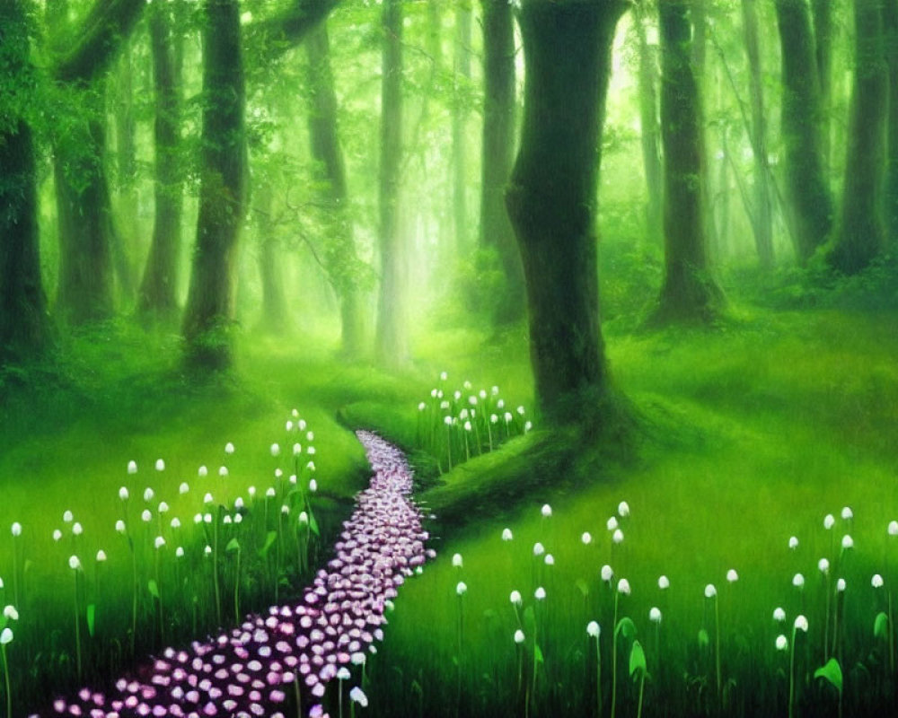 Mystical forest scene with green trees, white flowers, and soft sunlight